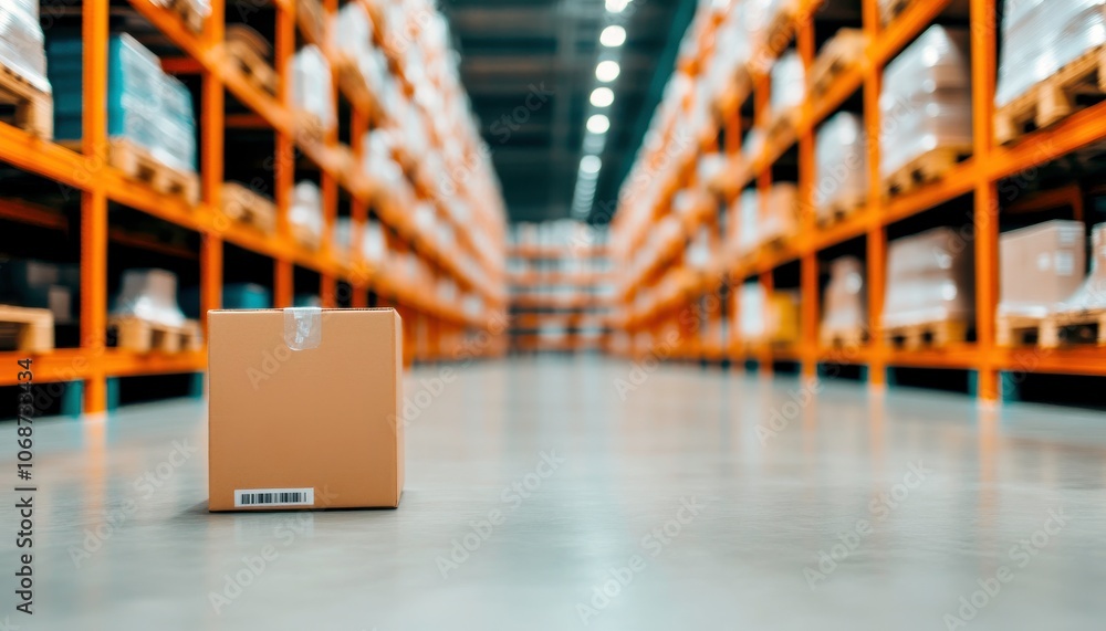 Poster a cardboard box is centered in a spacious warehouse aisle lined with neatly stacked shelves of goods