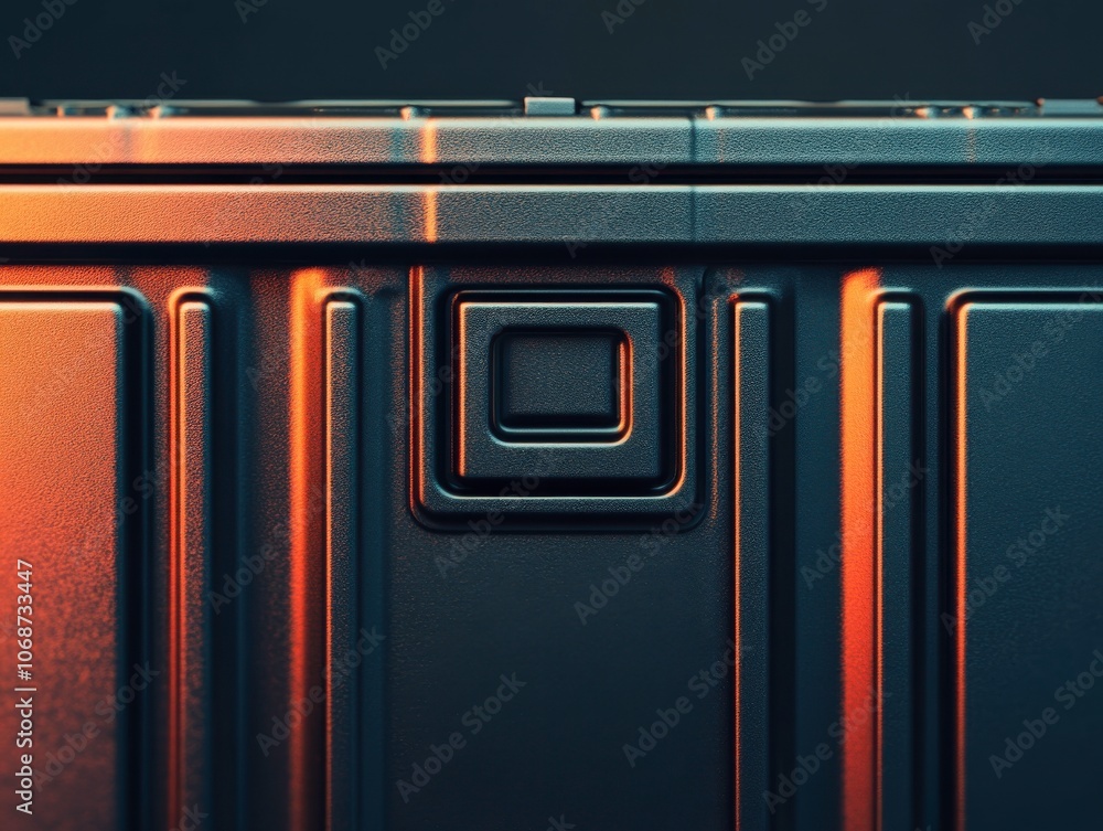 Poster a close-up of a textured metallic surface, featuring a prominent square detail illuminated by warm l