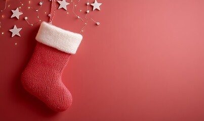 Festive Christmas stocking hangs on a red background with twinkling lights and stars. A knitted, pink Christmas stocking with a white cuff hangs against a vibrant red background.