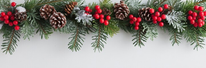 A winter-themed festive border banner made of pine branches decorated with red berries, pine cones and lightly dusted with snow. Layout for holiday greeting cards, invitations with space for text.