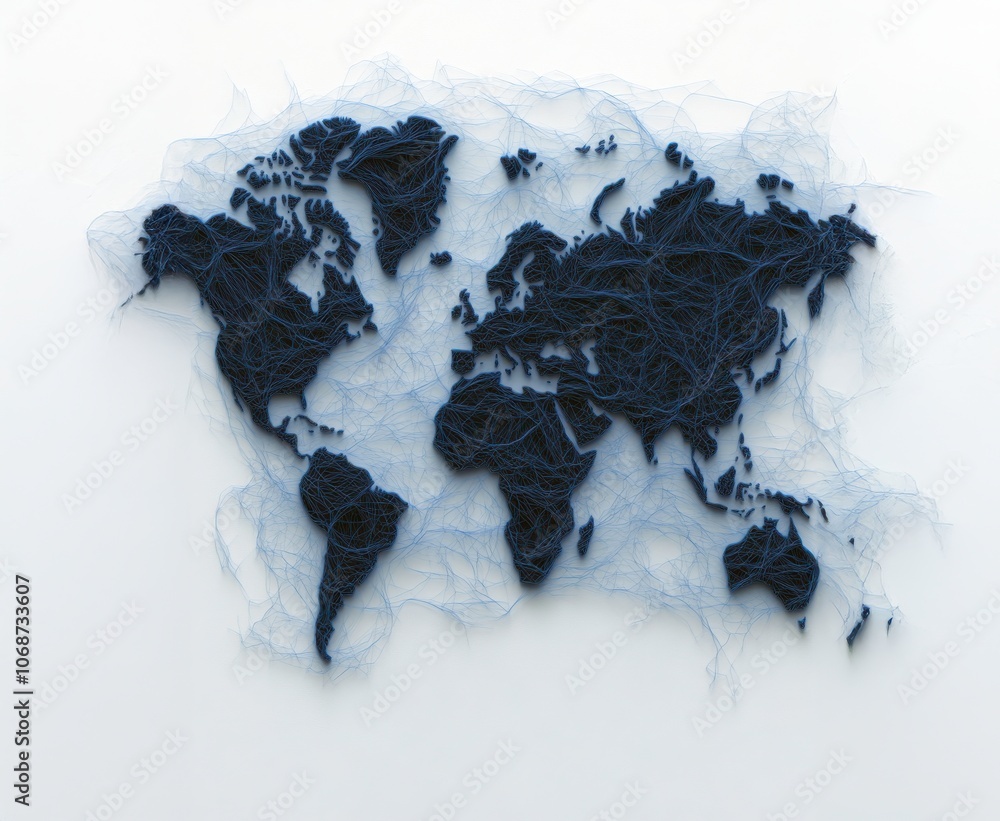 Poster A textured map of the world crafted from dark threads on a light, soft background, creating a unique artistic representation of global geography.