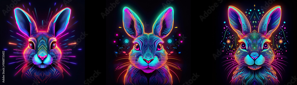 Poster Three neon bunnies in a dark setting, each with a different color and design around them.