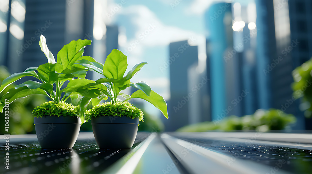 Poster integrating green spaces and smart technology in urban infrastructure for a sustainable skyline