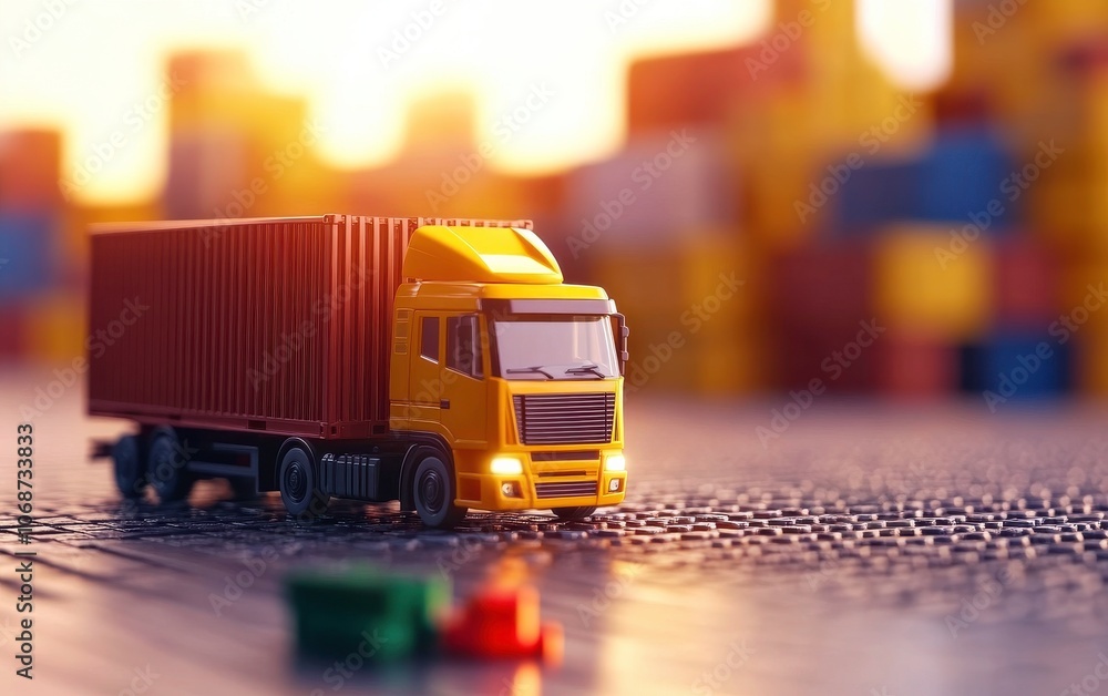 Poster a vibrant miniature truck in front of abstract containers, suggesting themes of shipping and logisti
