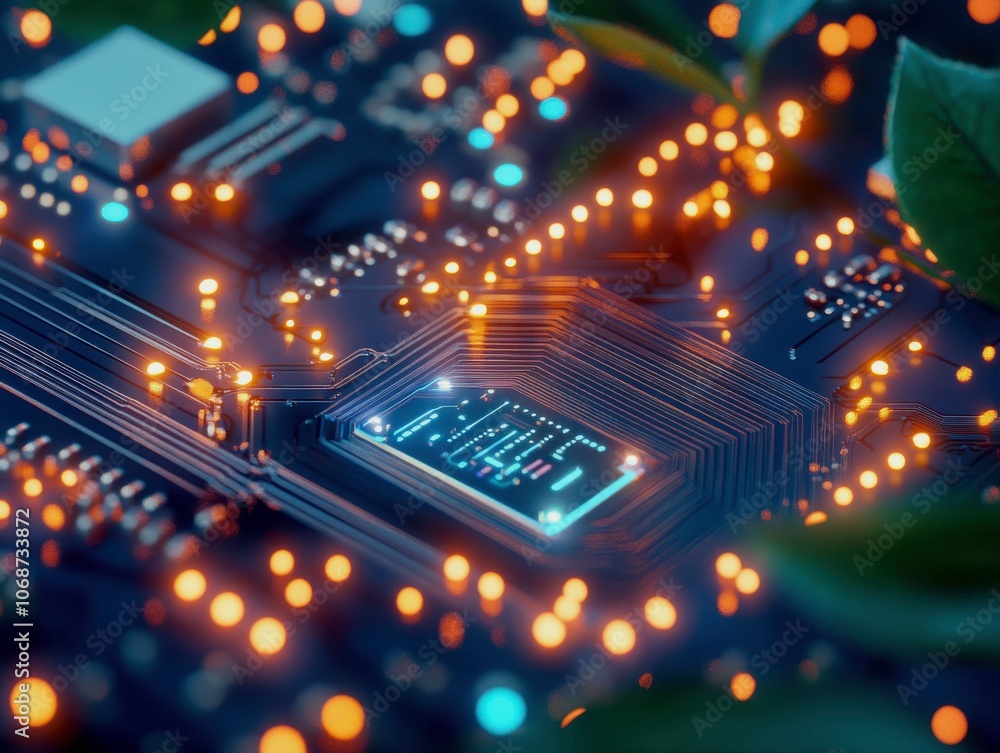 Poster A close-up view of a circuit board embedded with glowing lights and surrounded by green leaves, representing the fusion of technology and nature.