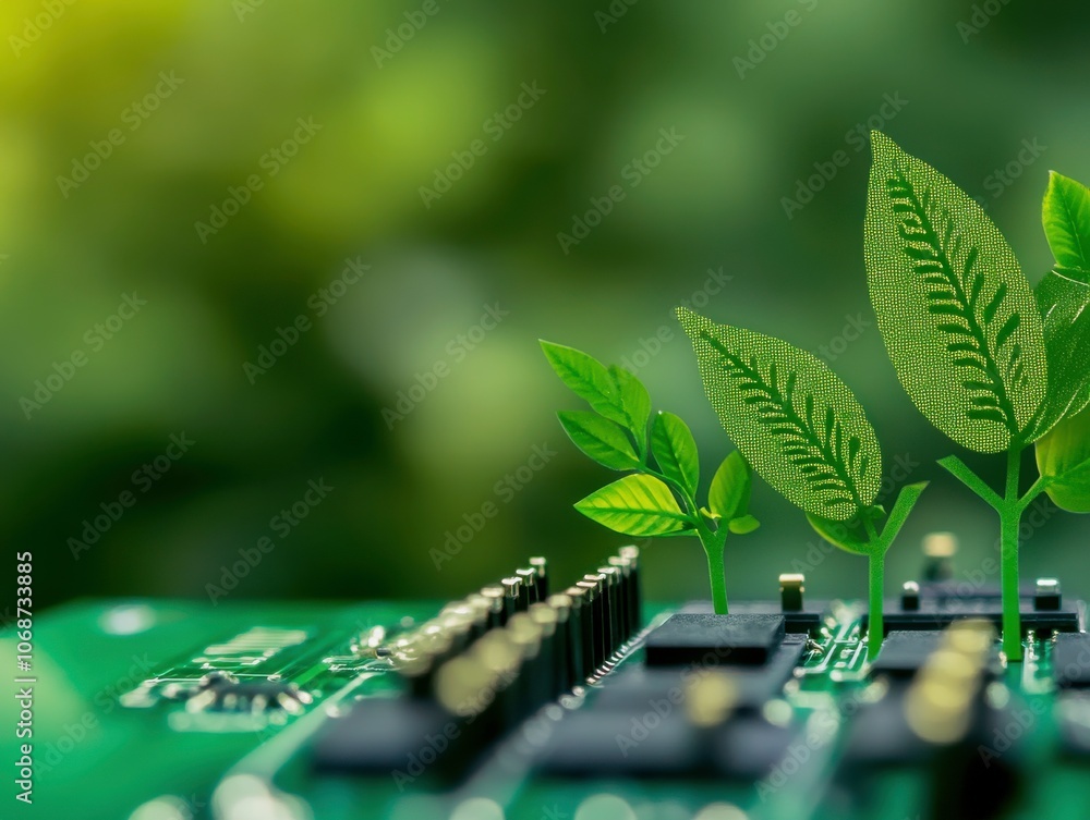 Poster a circuit board with green leaves emerging, symbolizing the integration of technology and nature for