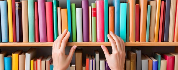 Hands Arranging a Colorful Bookshelf in Focus
