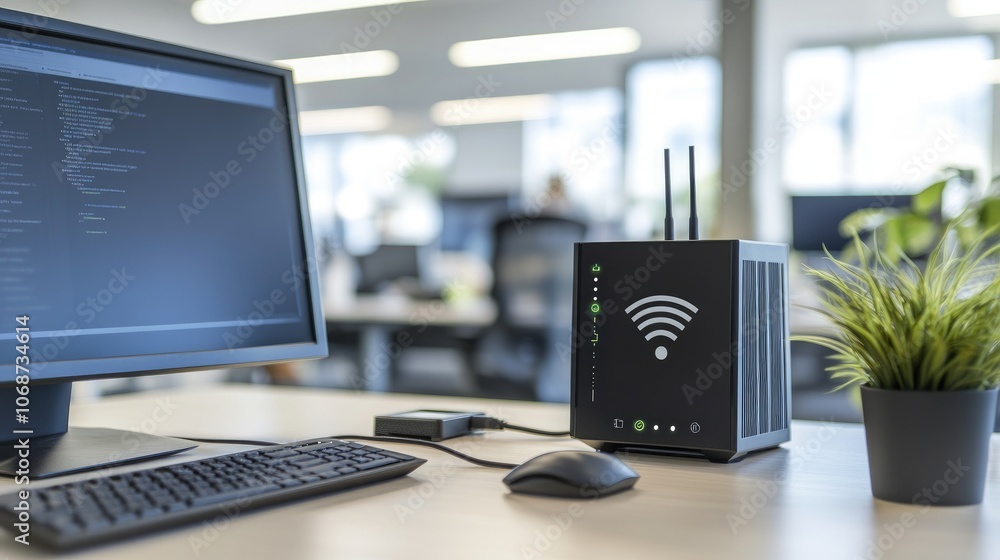 Poster modern workspace with wi-fi router and computer setup