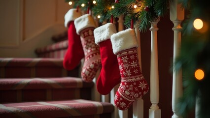 Festive christmas stockings hung on staircase with evergreen garland and warm lighting
