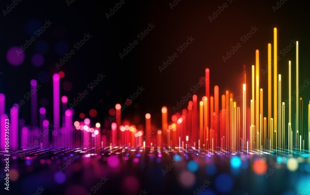 Poster a vibrant and colorful abstract representation of sound waves with vertical bars in various hues aga