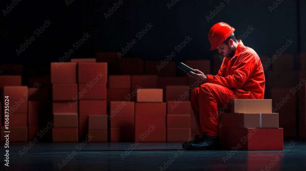 Poster A lone worker in an orange uniform examines a device while seated among stacks of red boxes in a dimly lit environment.