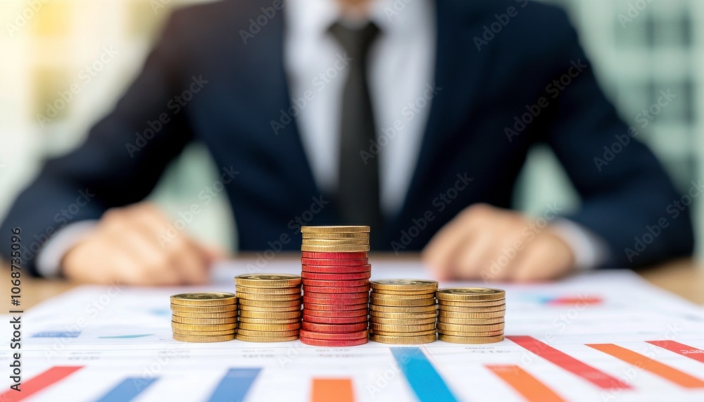 Aufkleber wealth and investment concepts. a businessman in a suit analyzes financial charts and stacks of coin