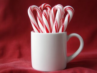 Christmas candy canes in holiday-themed mug.