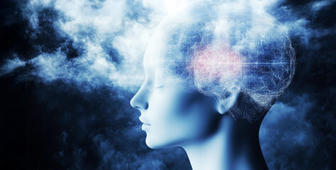 Mysteries of the Human Mind.. Visually pleasing composition of human head and fractal clouds to serve as background in works on mind dreams. 
