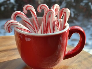 Christmas candy canes in holiday-themed mug.