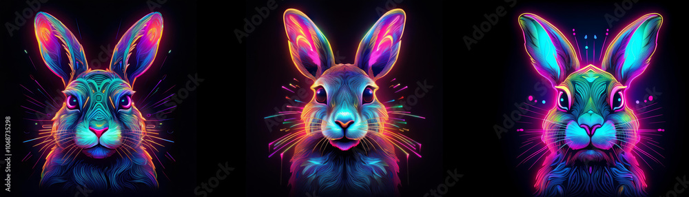 Poster Three rabbits with glowing fur in a black background, each with a different color scheme.