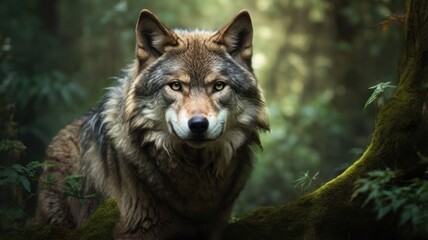 Fototapeta premium A lone wolf with piercing yellow eyes stands in a forest, looking directly at the camera.