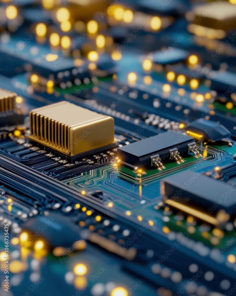 Poster a close-up image of a circuit board featuring gold components and glowing lights, showcasing advance
