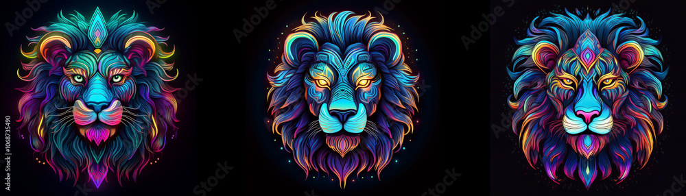 Poster Three colorful lion heads with vibrant colors and intricate patterns.