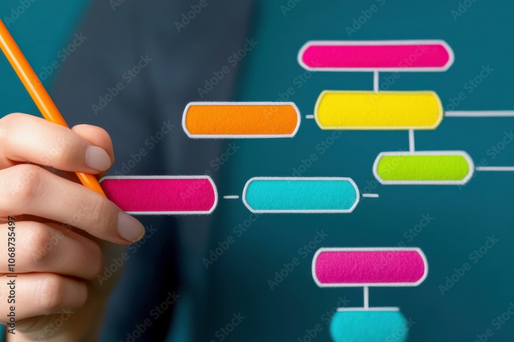 Poster a person holds a pencil, pointing at a colorful flowchart composed of various shapes and vibrant col