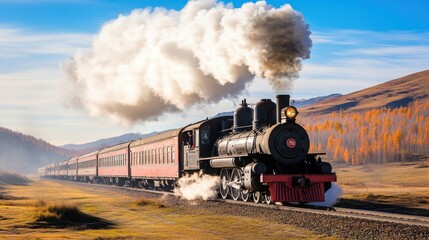 Obraz premium A majestic steam train travels through a picturesque landscape, surrounded by mountains and vibrant autumn colors.