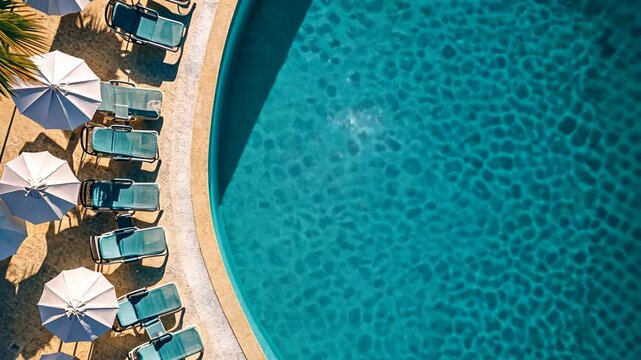 An aerial view of a swimming pool with lounge chairs and umbrellas on a sunny day