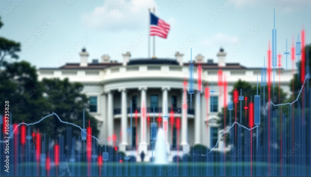 Poster ai generates insightful stock market analysis using candlestick graphs in front of iconic white hous