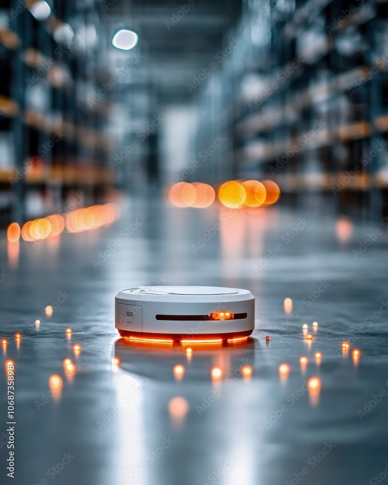 Aufkleber a robotic device with orange lights navigates a warehouse aisle, reflecting modern automation in log