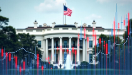 Ai generates insightful stock market analysis using candlestick graphs in front of iconic white house