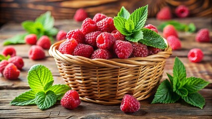 A wicker basket filled with fresh, vibrant raspberries, accented by green mint leaves, resting on a rustic wooden table. The rich red berries and fresh green mint create a colorful and appetizing.