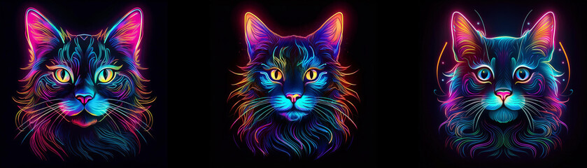 Three colorful cats with glowing fur and eyes on a black background.
