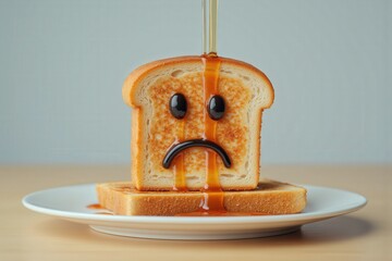 Sad bread toast with syrup: creative breakfast concept with face design. Blue Monday.
