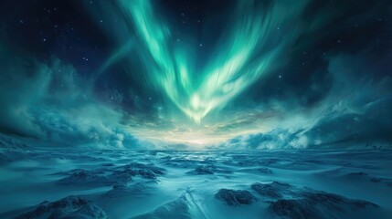 Naklejka premium Stunning Aurora Borealis Over Frozen Landscape at Night