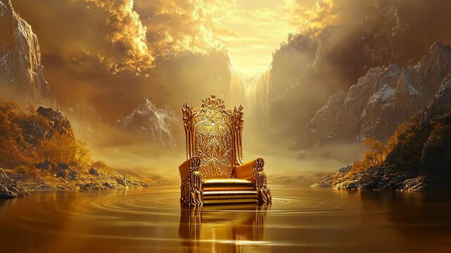 A golden throne sits in a lake, surrounded by mountains and clouds