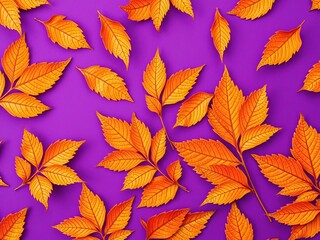 Pattern of dry orange metallic leaves on violet background, decor