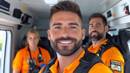 Emergency medical service team smiling in ambulance, showcasing teamwork and dedication. Their bright orange uniforms symbolize readiness and professionalism
