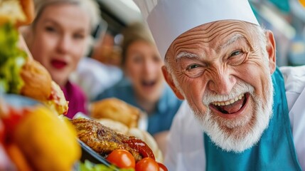 Cheerful chef presenting a delicious array of freshly prepared dishes, AI