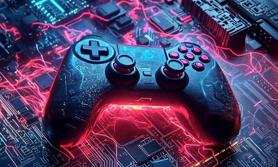 A black video game controller on a glowing circuit board - Powered by Adobe