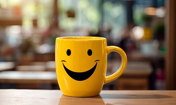 Bright tea cup on the table, background blurred. Yellow mug with a smiley face design. Concept: positive, joy, good mood.