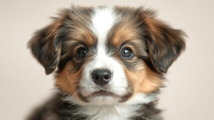 Portrait of a cute fluffy mixed breed puppy with floppy ears and soulful eyes, happy