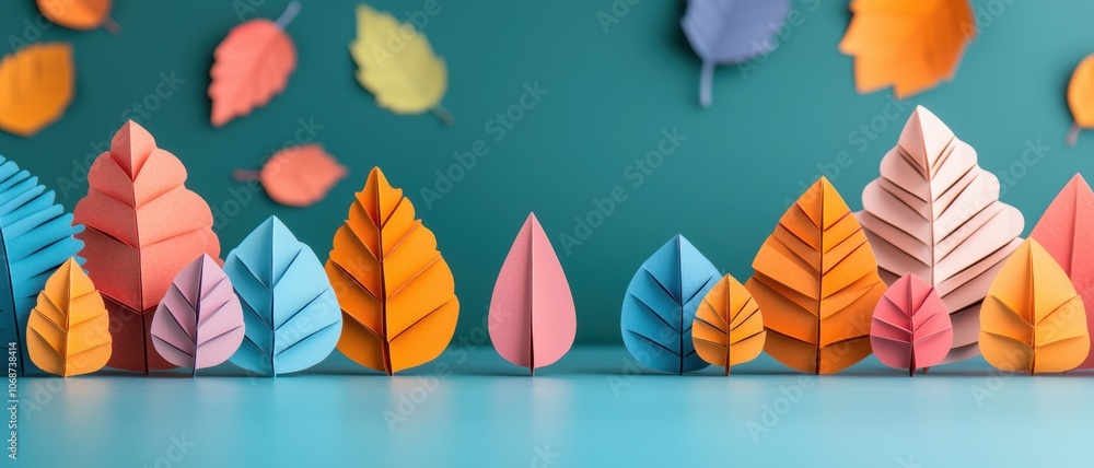 Poster a colorful display of paper leaves in various shapes and sizes, creating a vibrant and artistic fore