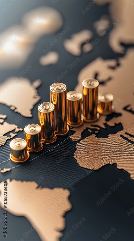 Poster the image showcases golden stacks arranged like a bar chart on a black and gold map, symbolizing wea