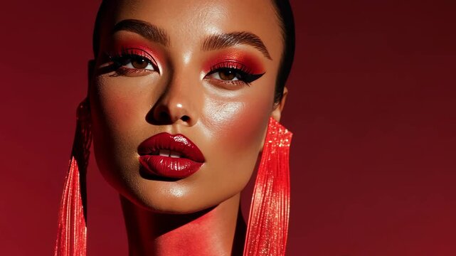 A woman with a bold red lip and eye makeup looks directly at the camera, wearing long dangling red earrings
