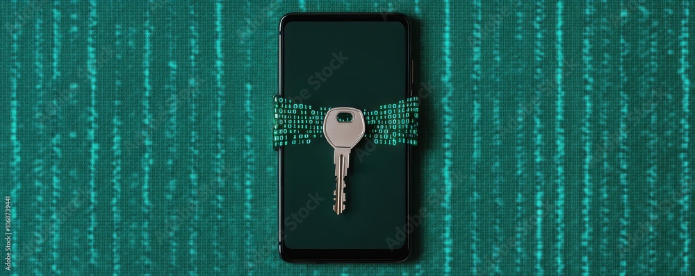 Poster a smartphone wrapped with a digital key, representing cybersecurity and data protection in a modern 