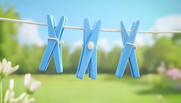 Three blue clothespins on a clothesline with a blurred background of green grass and white flowers.