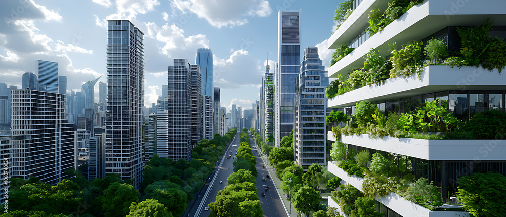 Poster innovative urban architecture transforms skyline with sustainable green spaces and smart technology