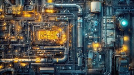 Complex industrial machinery with intricate pipelines and systems illuminated by contrasting golden and blue lights, creating a cyberpunk-like technological landscape