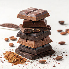 Pieces of dark chocolate bar isolated on white,Chocolate thins with white cream filling isolated on white