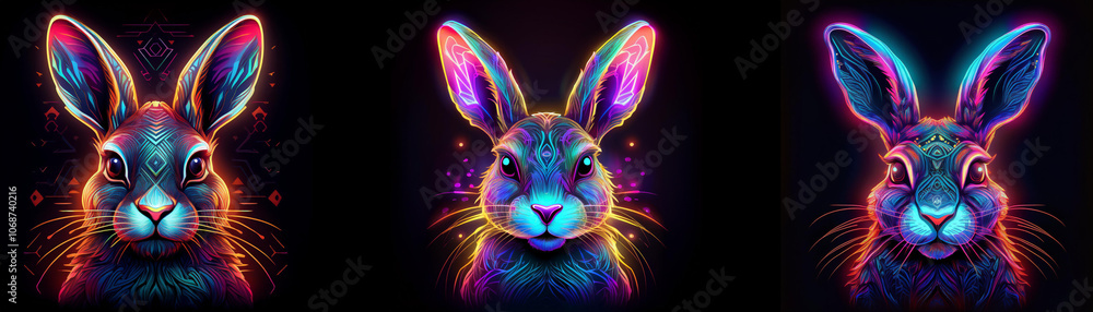 Poster three rabbits, each with unique neon color variations, stare directly at the viewer against a dark b