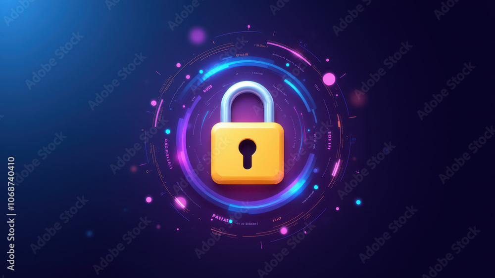 Poster a colorful digital lock with a glowing blue center and abstract design elements around it, symbolizi